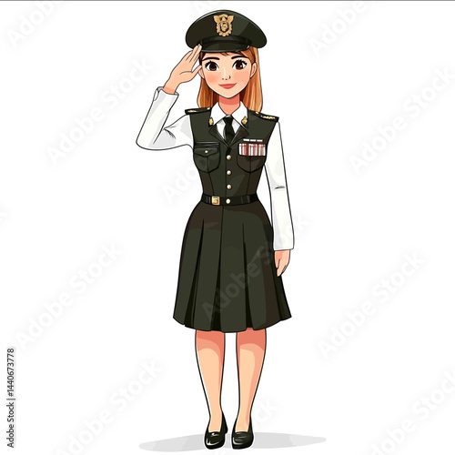 Cartoonstyle vector illustration depicting a girl cadet standing fulllength and saluting with his right hand She is dressed in a ceremonial female cadet uniform skirt and tunic with