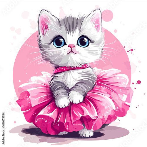 A cartoonstyle vector illustration with bright colors depicting a cute kitty is dressed in a modern fashionable style a pink voluminous dress she has beautiful eyes and a delicate pi