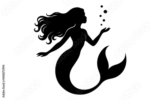 Mermaid silhouette gracefully swimming while blowing bubbles in underwater fantasy setting