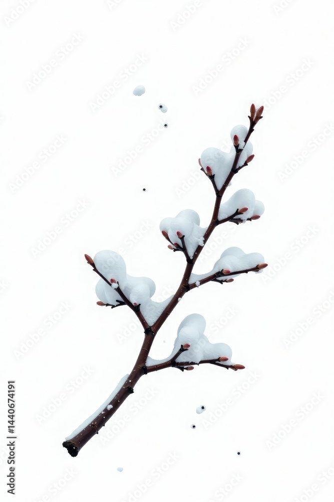 One isolated branch with a few falling snowflakes on white background, snowy, winter One isolated branch with a few falling snowflakes on white background, snowy, winter