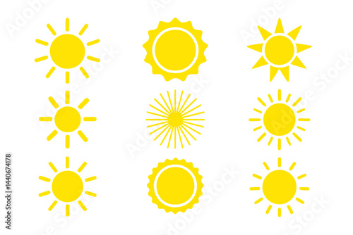 Collection of sun graphics in vibrant yellow showcasing various styles and designs for creative projects