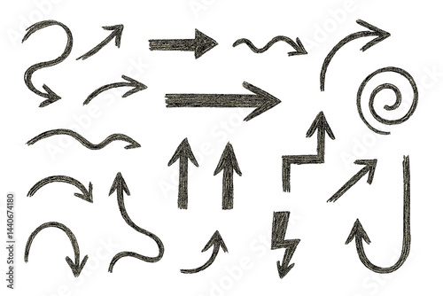 Various hand-drawn arrows and shapes created with black pencil on white background showcasing diverse directions and movements