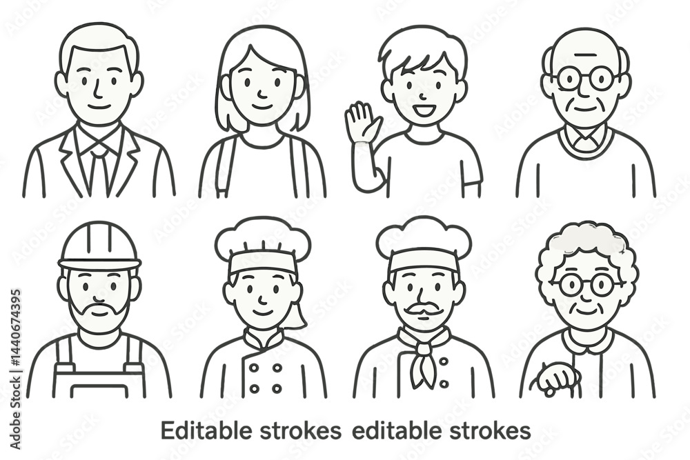 Various characters displaying different professions and ages in simple illustrations Various characters displaying different professions and ages in simple illustrations