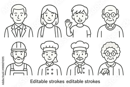 Various characters displaying different professions and ages in simple illustrations