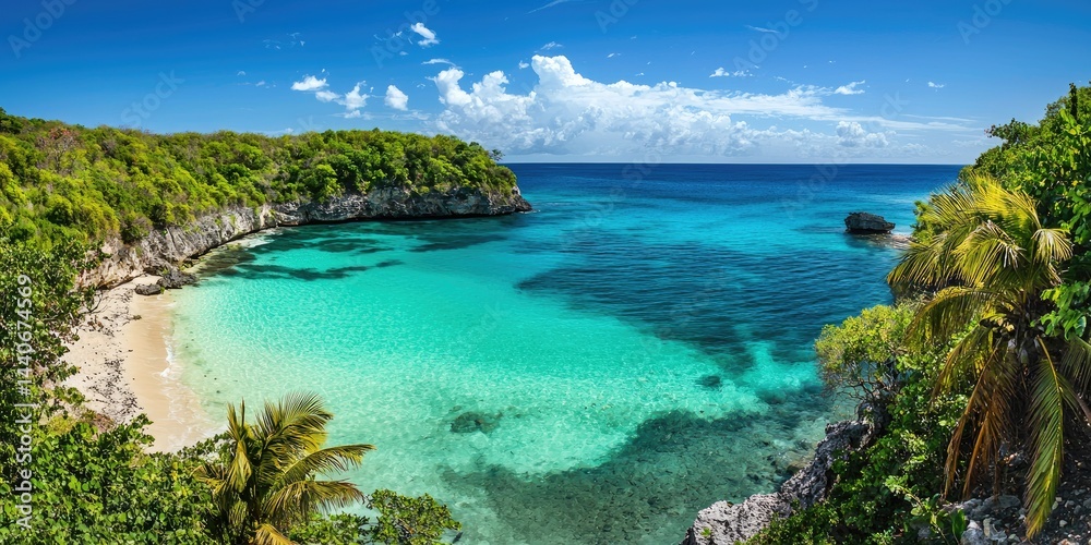 Fototapeta premium A tropical paradise with crystal-clear turquoise waters and palm trees.