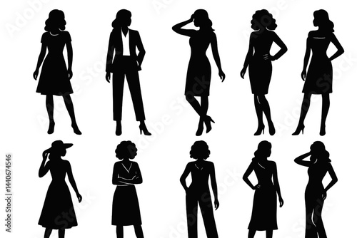 Fashionable silhouettes of women showcasing various outfits and poses in a creative art display
