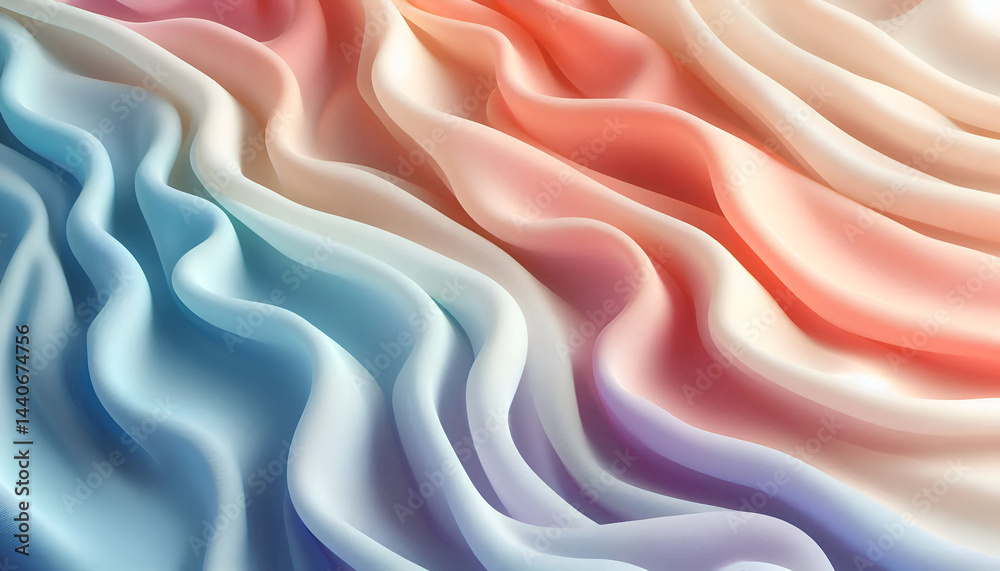 Obraz premium Soft fabric, pastel colors in gradients of light blue, pink, and peach. The fabric creates a texture with gentle folds and ripples