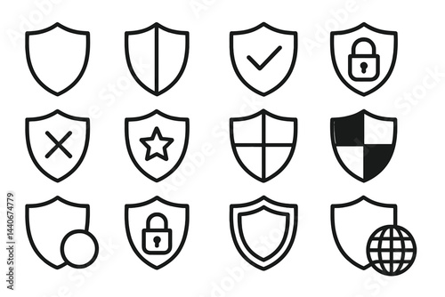 Various shield icons in different designs representing security and protection concepts
