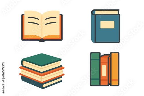 Stack of colorful books and open book showcasing a variety of reading materials beside a bookshelf with orderly bound volumes