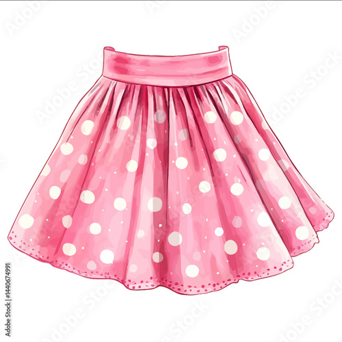 Fluffy pink polka dot skirt clip art illustration isolated on white background in watercolor vector style highly detailed no shadows in cute pastel colors with soft lighting in high