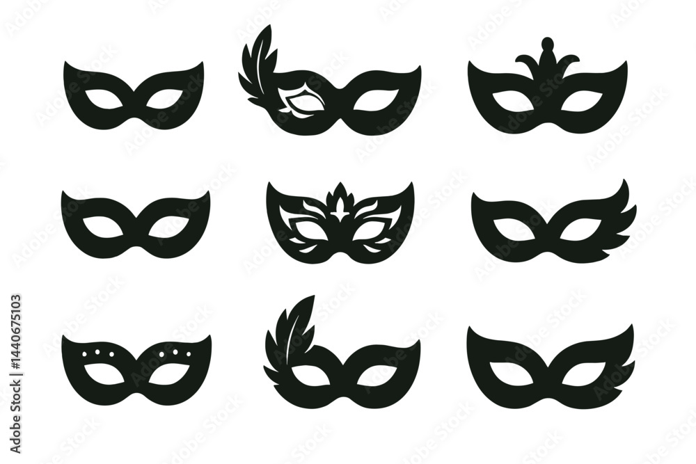 Collection of black masquerade masks arranged in a grid pattern showcasing various designs and styles