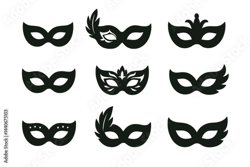 Collection of black masquerade masks arranged in a grid pattern showcasing various designs and styles