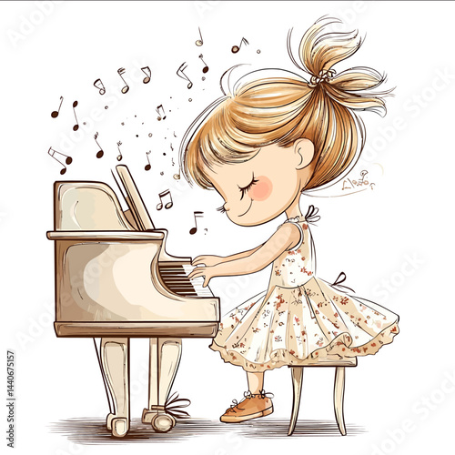 Vector illustration of a little girlpianist with a beautiful hairstyle dressed in a festive dress playing the piano The girl is depicted with a keen expression on her face and her ha