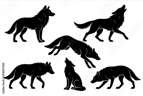 Silhouette illustrations of wolves in various poses conveying movement and grace in a natural setting