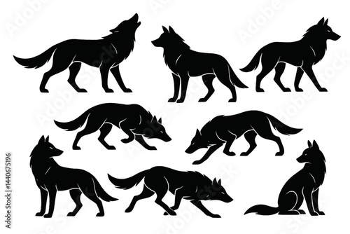 Different poses of wolves depicted in a silhouette style on a plain background