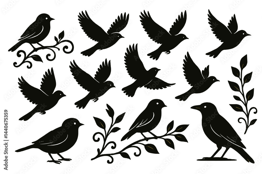 Fototapeta premium Black silhouettes of birds in various poses and arrangements on branches and leaves
