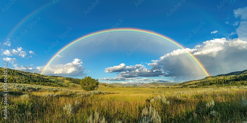 Naklejka premium A twin rainbow arcing through a bright blue sky after the rain