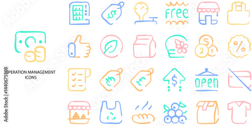 Operation Management simple concept 24 hand drawn Flat color icons set. Contains such organizer, business strategy, industry .Vector illustration.