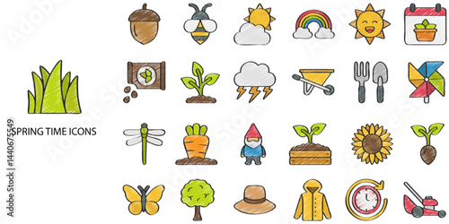 Spring simple concept 24 Hand Drawn color icons set. Contains such leaf, foliage wildflowers, plants, bloom, leaves, rainbow, weather, sun .Vector illustration.
