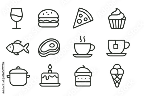 Collection of food and drink icons featuring various dishes and beverages in a minimalistic style