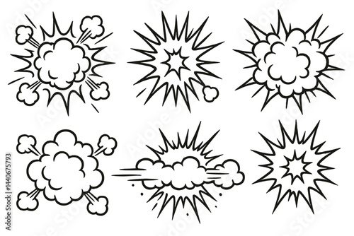 Stylized explosion and comic sound effect illustrations in black and white on a plain background