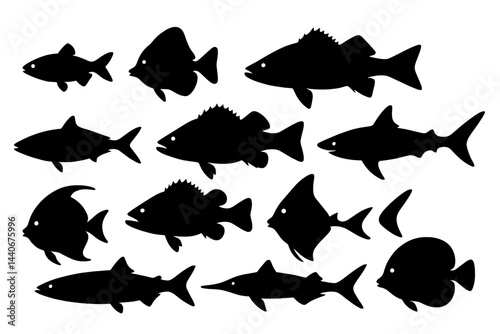 Silhouetted fish of various species swimming together in a dynamic underwater environment