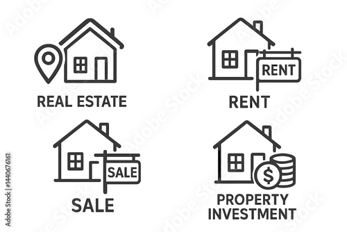 Infographic illustrating real estate concepts including sale, rent, and property investment symbols