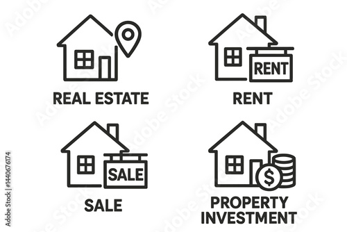Symbols representing real estate concepts including rent, sale, and property investment in a minimalist style