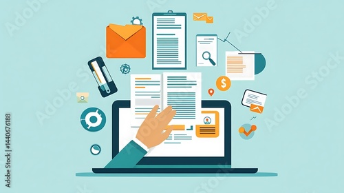 An entrepreneur's hand working on a laptop, featuring virtual icons of a document, business loan, and contract form, illustrating case study writing services