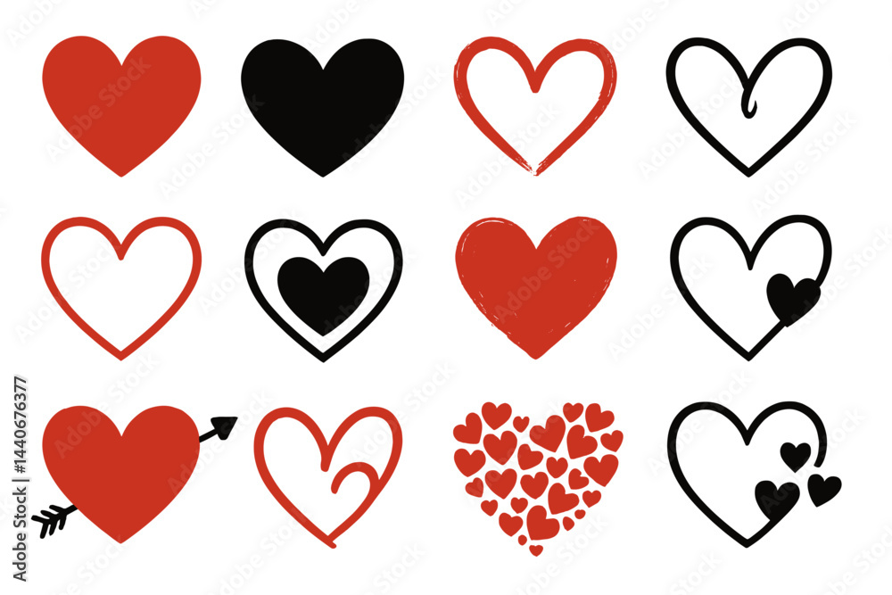 Various heart shapes in different styles and colors suitable for Valentine's Day decorations and designs Various heart shapes in different styles and colors suitable for Valentine's Day decorations and designs