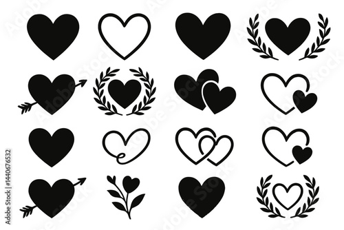 Various heart designs featuring outlines, laurel wreaths, and intertwined shapes for creative projects