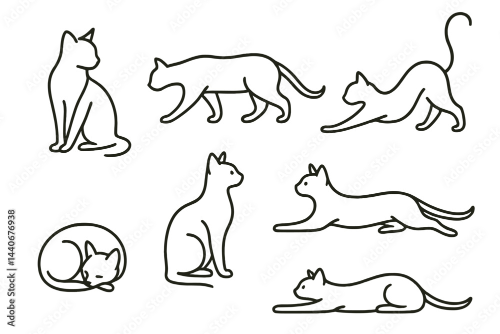 Fototapeta Different cat poses displayed in minimalist outlines showcasing their various expressions and movements in a simple design