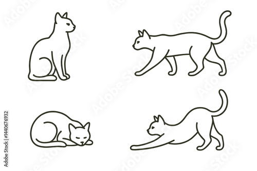 Cat outlines showing various poses in simple line art style create a minimalist yet expressive representation of feline movement and behavior