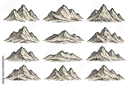 Black and white sketch of mountain ranges with detailed textures and varying peak heights