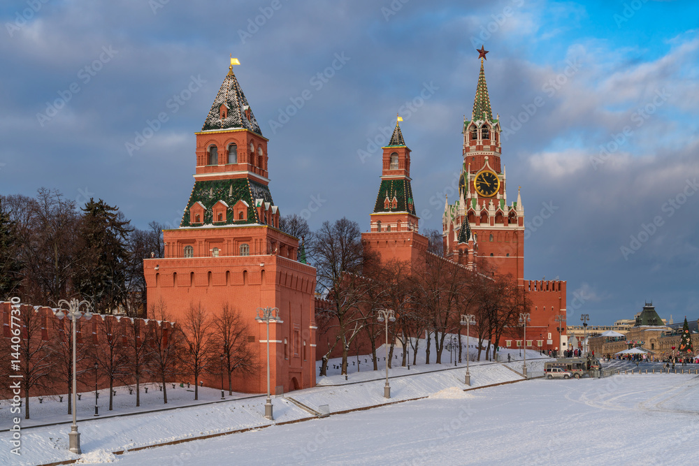 Nabatnaya, Tsarskaya and Spasskaya Towers of the Moscow Kremlin and Red Square on a sunny winter day, Moscow, Russia