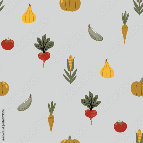 Seamless vector pattern in flat cartoon style. Pumpkins, zucchinis, tomatoes, and corn cobs on a gray background. Perfect for kids' designs, autumn themes, farming projects, textiles
