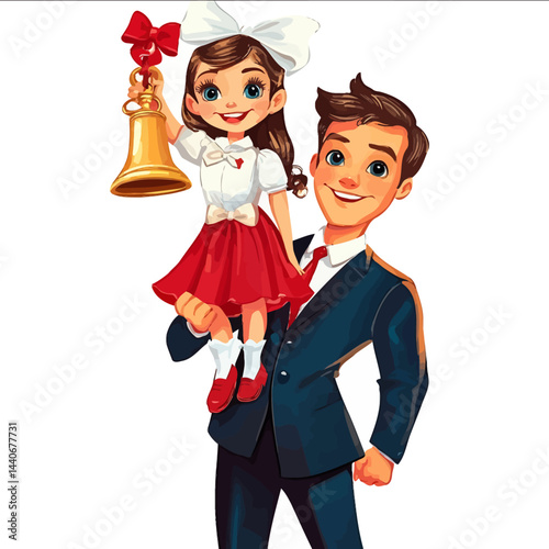vector cartoonrealistic style bright drawing a schoolboy in a dark strict suit white shirt and tie carries a beautiful girl with white bows on her head dressed in a school suit on an