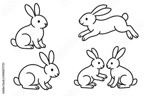 Cute rabbits in various poses, showing playful behavior and interactions in a simple, illustrative style