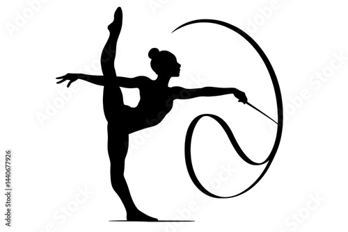 Elegant silhouette of a rhythmic gymnast performing with a ribbon during a competition in a large sports arena