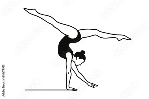 Graceful gymnast performing a handstand on one hand with extended legs in an artistic pose at a gym studio