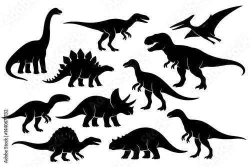 Dinosaurs in various poses showcasing unique species in a black silhouette style on a white background
