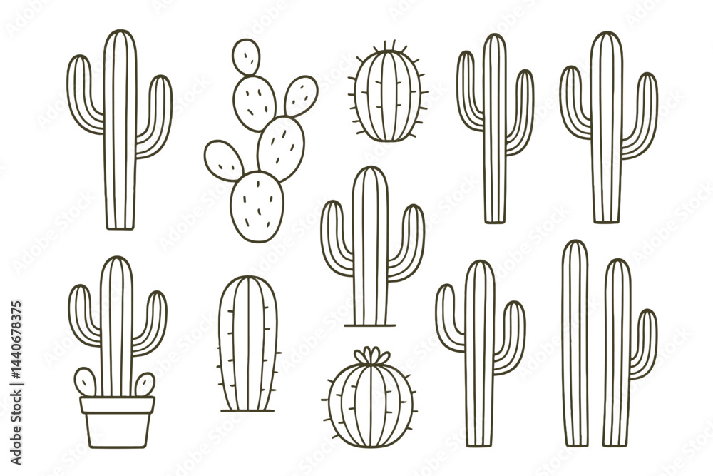Diverse collection of cactus illustrations in simple line art style showcases various species and shapes in a creative arrangement