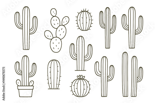Diverse collection of cactus illustrations in simple line art style showcases various species and shapes in a creative arrangement