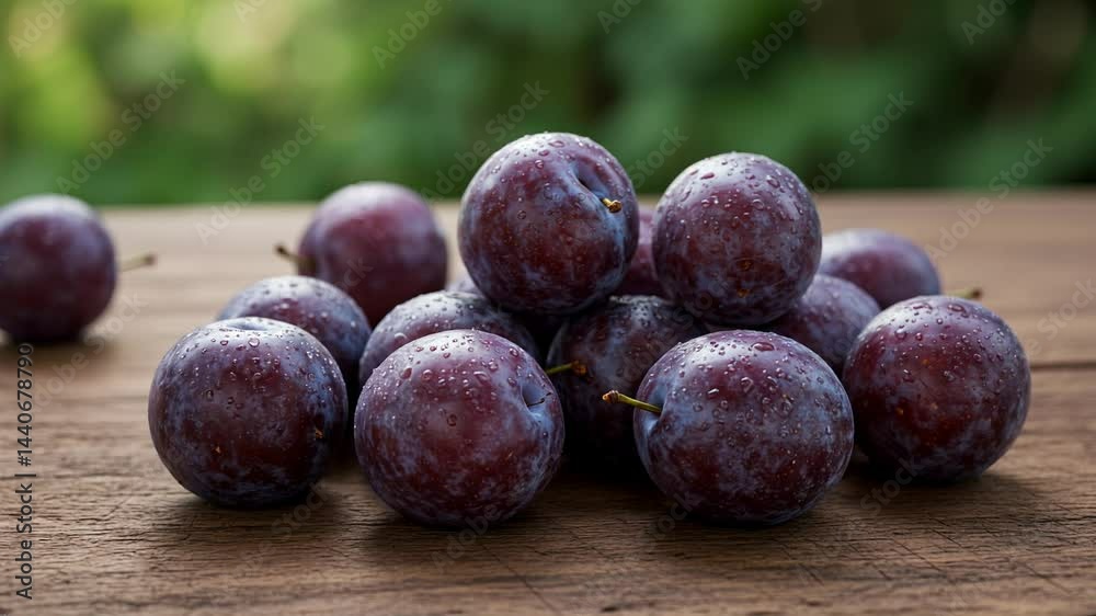 Fresh ripe plums clustered on a wooden surface  