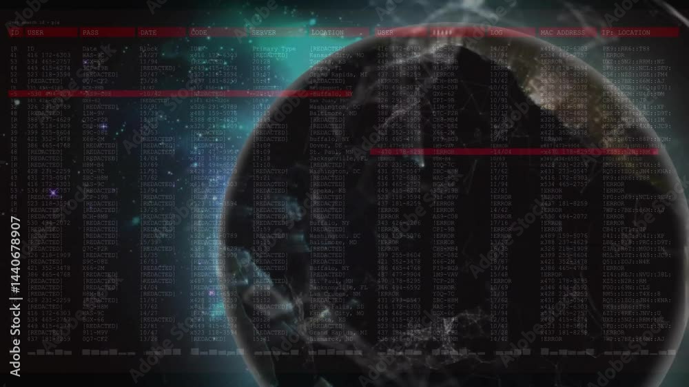 Displaying holographic digital globe on right, overlaying red white code tables on cyber interface