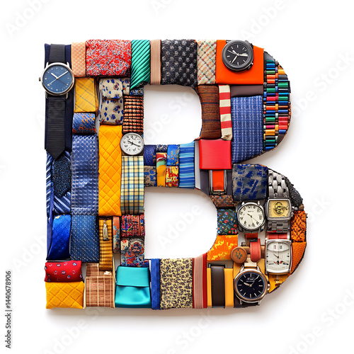 Stylized letter B, crafted with neckties and wristwatches, offering a unique sartorial display.
