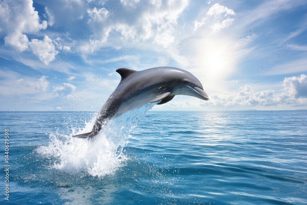 Fototapeta premium Playful dolphin leaps from ocean waves, surrounded by splashes under a sunny sky
