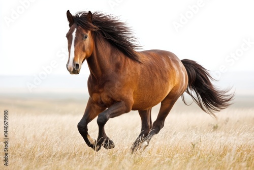 Horse galloping through a field at sunrise with flowing mane and tail against a white background