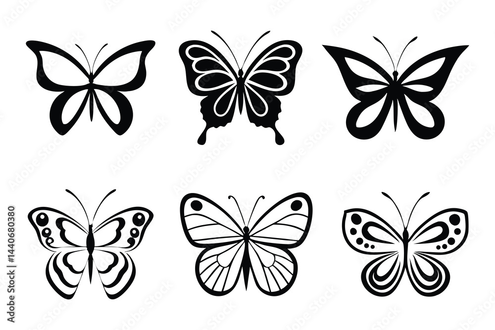 Obraz premium Butterfly Silhouette Collection – Black Flying Butterflies and Fireflies Icons for Print, Tattoo, and Digital Use