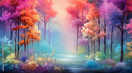 Watercolor painting morning on the lake in the reflection of water, fabulous landscape